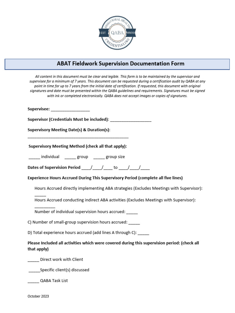 ABAT Supervisor Fieldwork Documentation Verification Form Monthly | PDF