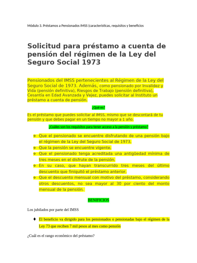 Préstamos IMSS para Pensionados Ley 73 | PDF | Pensión | Visa de viaje