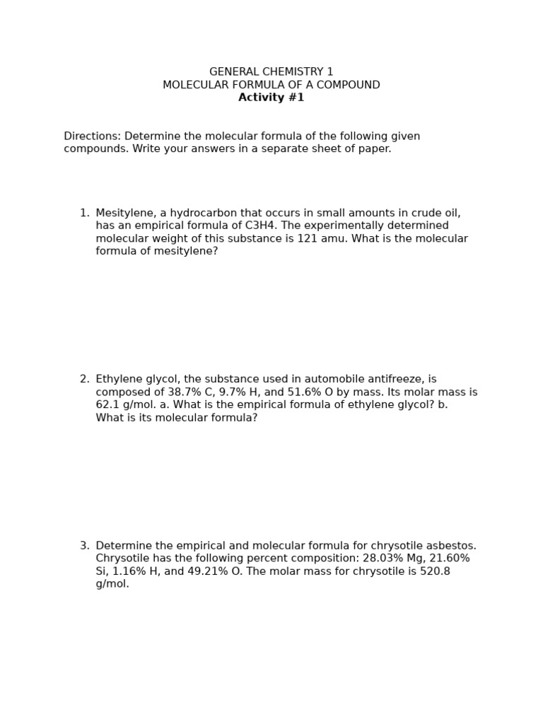 Molecular Formulas in Chemistry | PDF