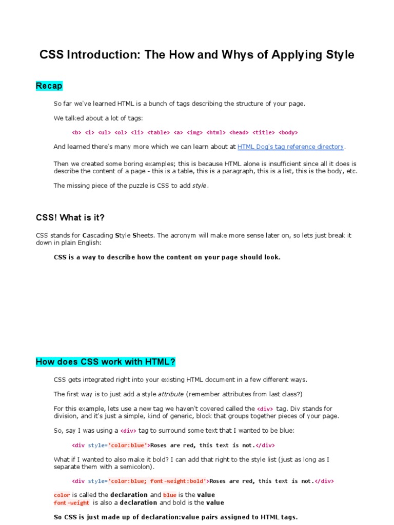 CSS Introduction: The How and Whys of Applying Style: Recap | PDF ...