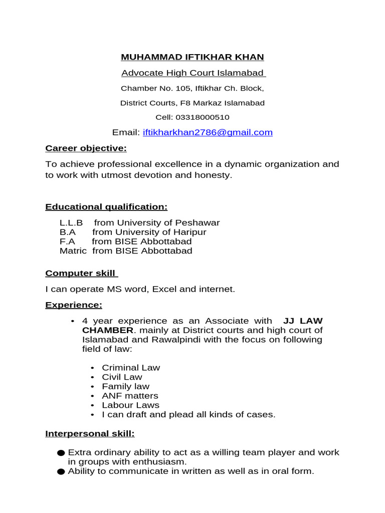 Advocate Iftikhar Cv | PDF