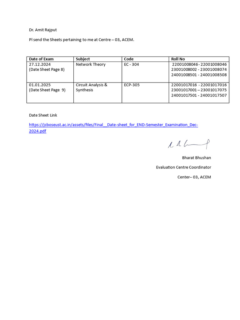 ACEM Exam Date Sheet for 2024 | PDF