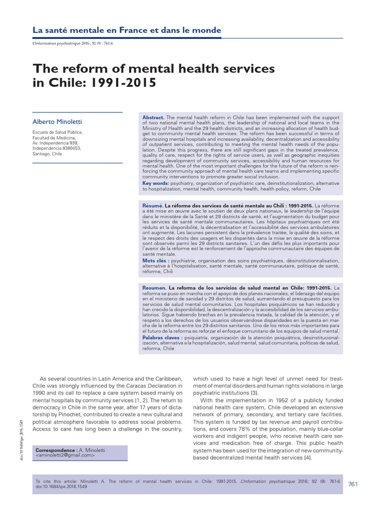 The Reform of Mental Health Services in Chile 1991 2015 | PDF | Mental ...