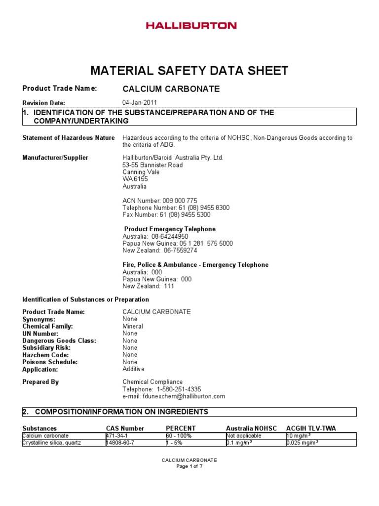 Calcium Carbonate MSDS | PDF | Silicon Dioxide | Toxicity