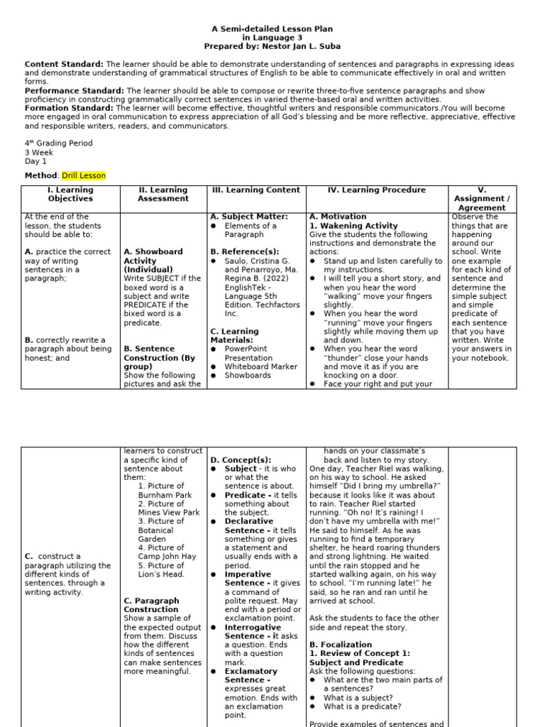 Lesson Plan in Language 3 - Straight Teaching | PDF | Sentence ...