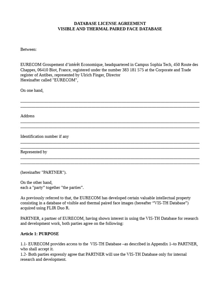 EURECOM VIS-TH Database License Agreement | PDF | Data | Private Law