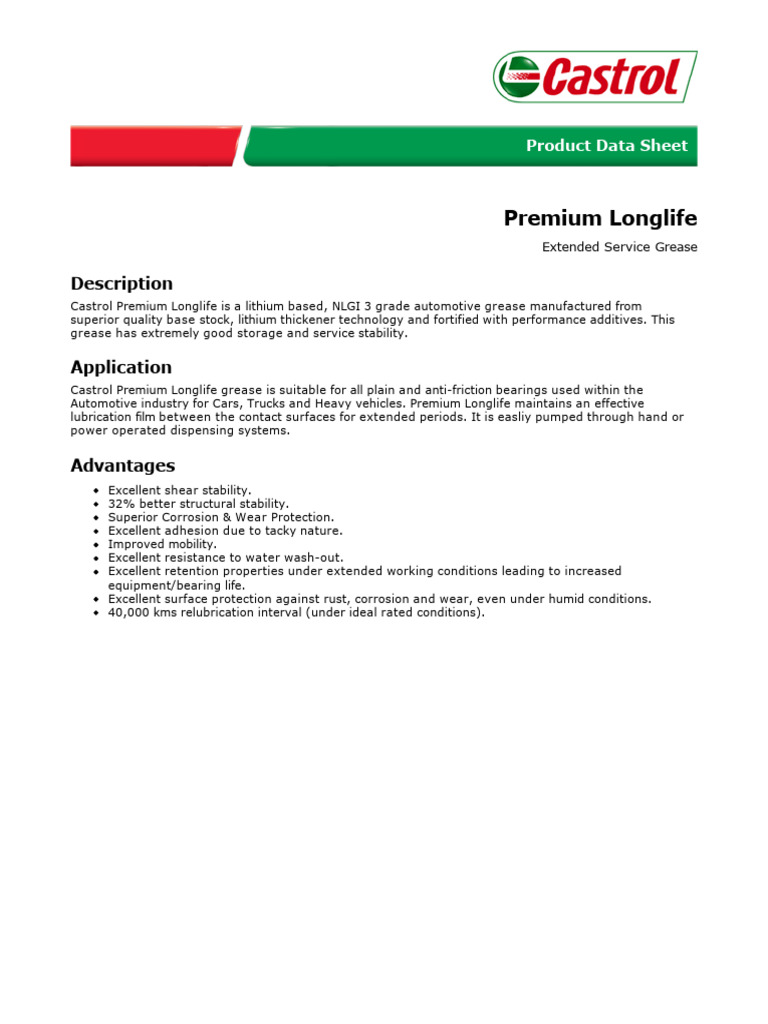 Castrol Premium Longlife Synthetic Grease | PDF | Materials