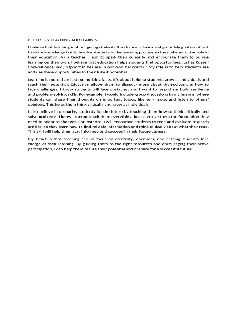 Beliefs On Teaching and Learning | PDF
