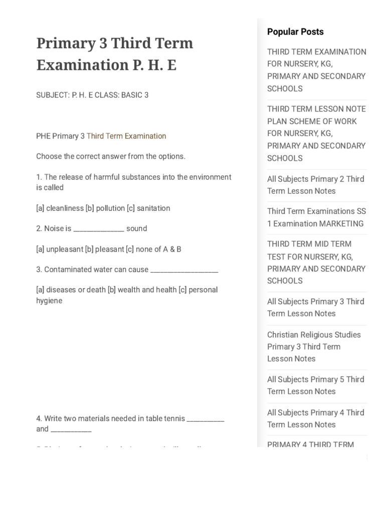 Primary 3 Third Term PHE Exam Questions | PDF