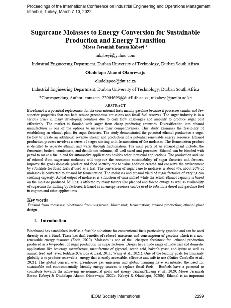 Ethanol Production from Sugarcane Molasses | PDF | Distillation | Ethanol