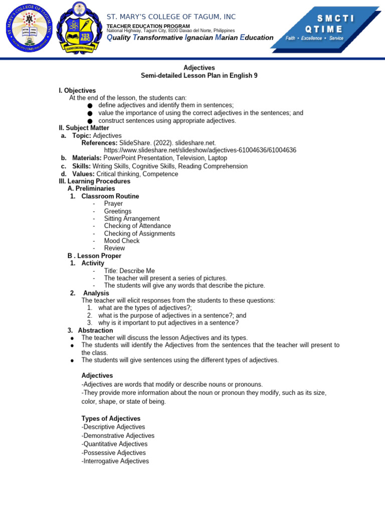 Grade 9 Adjective Lesson Plan | PDF | Adjective | Noun