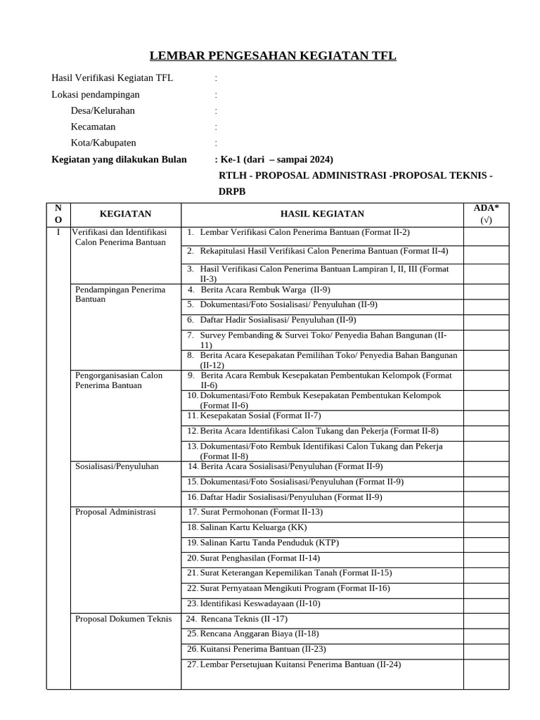 Format Kerja Atau Pengesahan Kegiatan Bulan 1 - RTLH - Proposal ...
