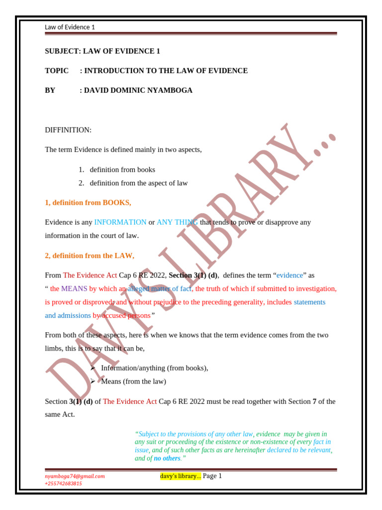 Introduction to Law of Evidence | PDF | Evidence (Law) | Burden Of ...