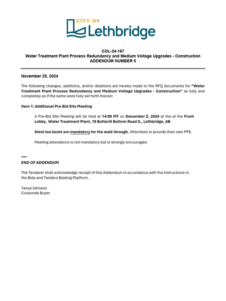 Water Treatment Plant Addendum 5 | PDF