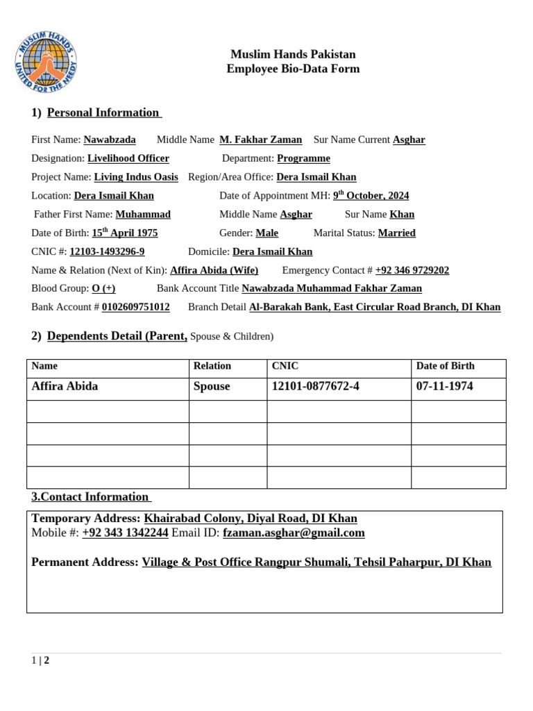 Fakhar Zaman Employee Bio-Data Form | PDF | Abrahamic Religions