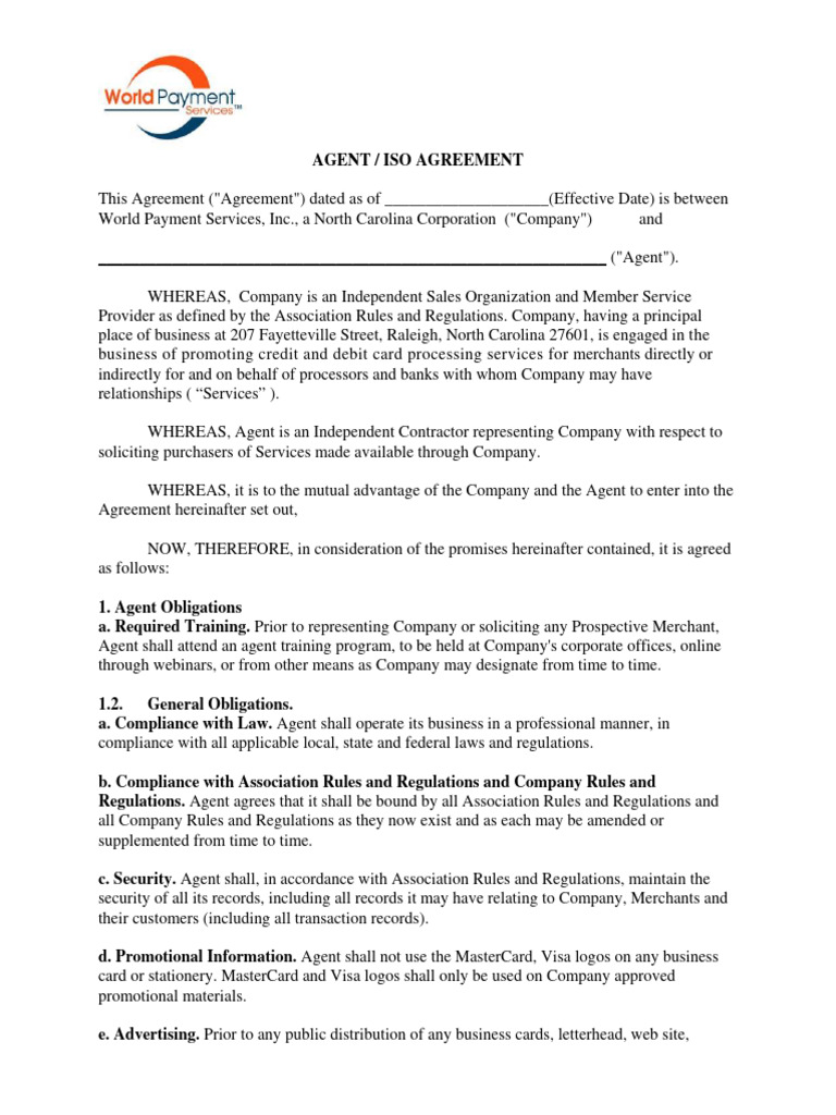 Agent/ISO Agreement Overview | PDF | Indemnity | Visa Inc.