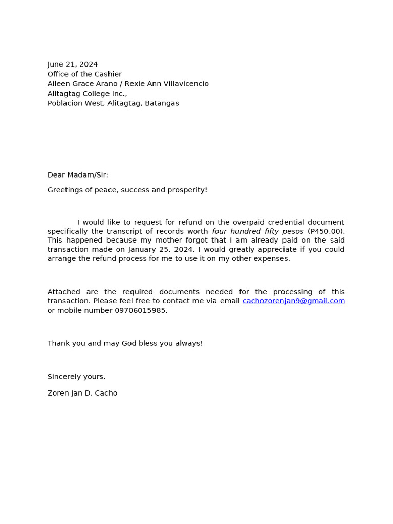 Refund Request for Overpaid Transcript | PDF