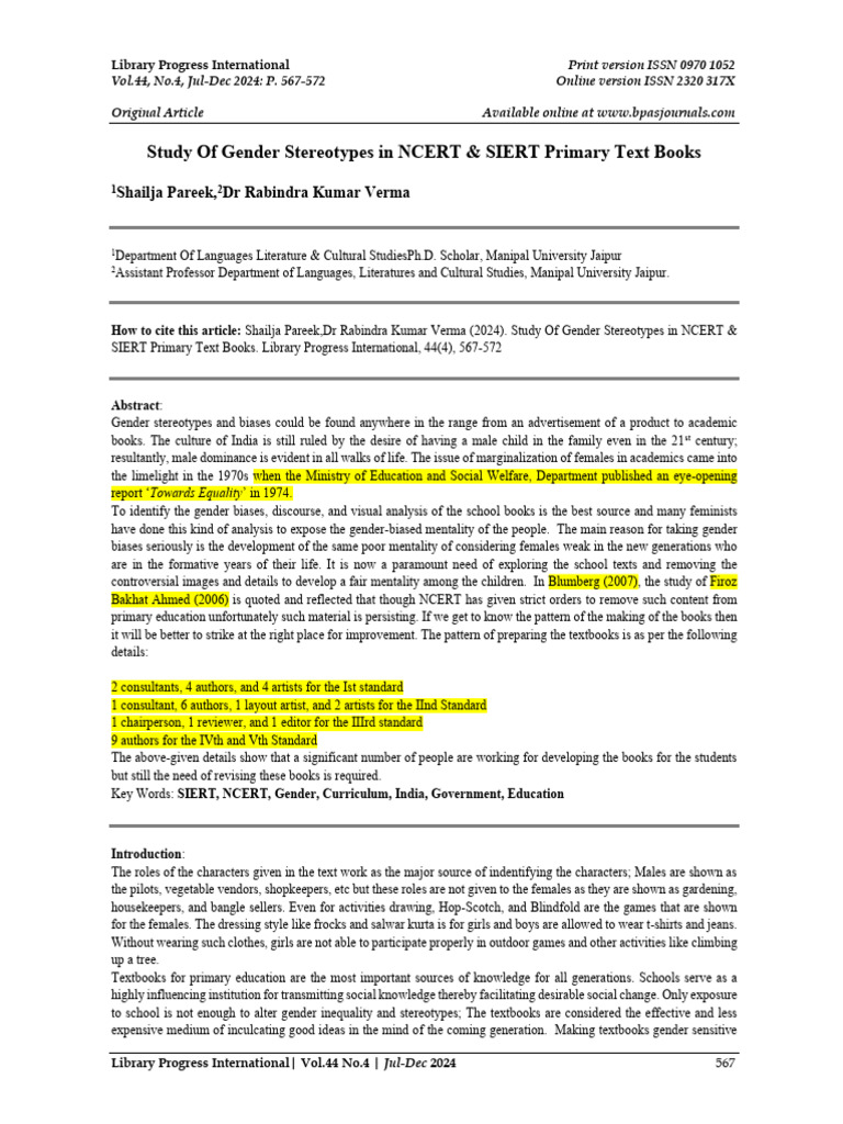Gender Stereotypes in NCERT & SIERT Texts | PDF | Gender | Gender Studies
