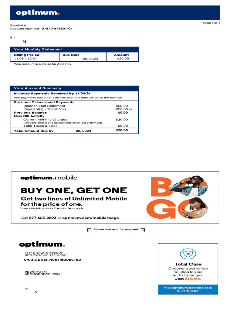 Monthly Optimum Bill Summary | PDF | Fee | Credit Card