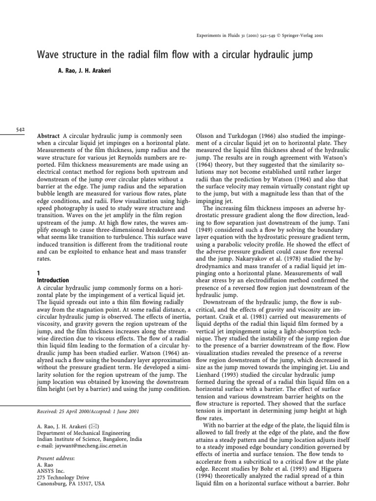 Experiments In Fluids Volume 31 Issue 5 2001 A Rao J H Arakeri 