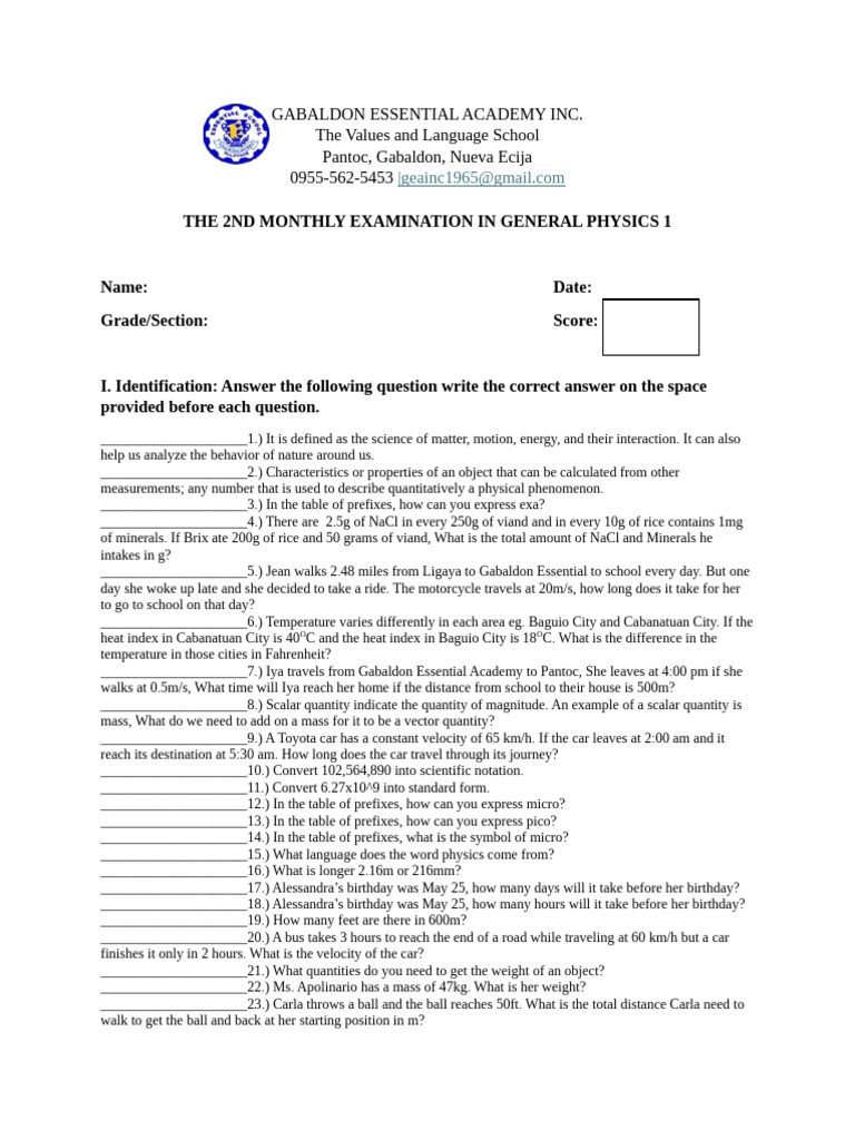 General Physics 1 Monthly Exam Guide | PDF | Velocity | Weight