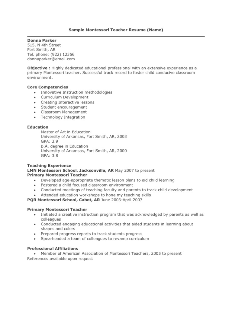 Sample Montessori Teacher Resume Montessori Education Teachers