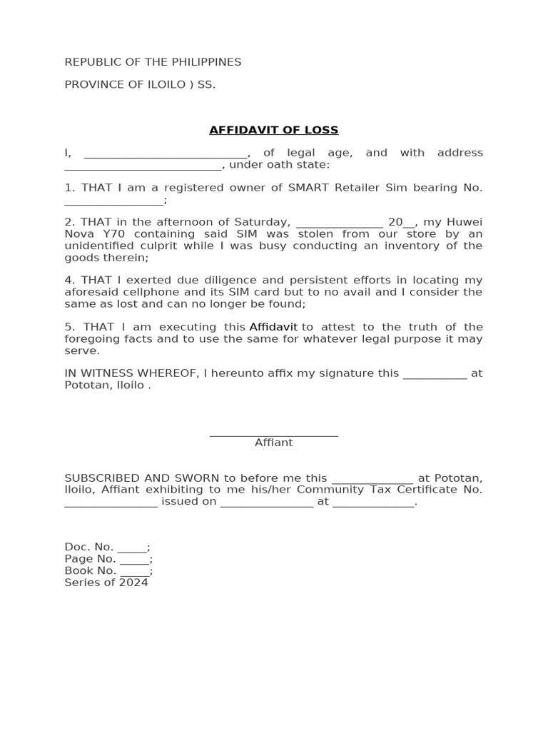 Affidavit of Loss for Stolen SIM Card | PDF
