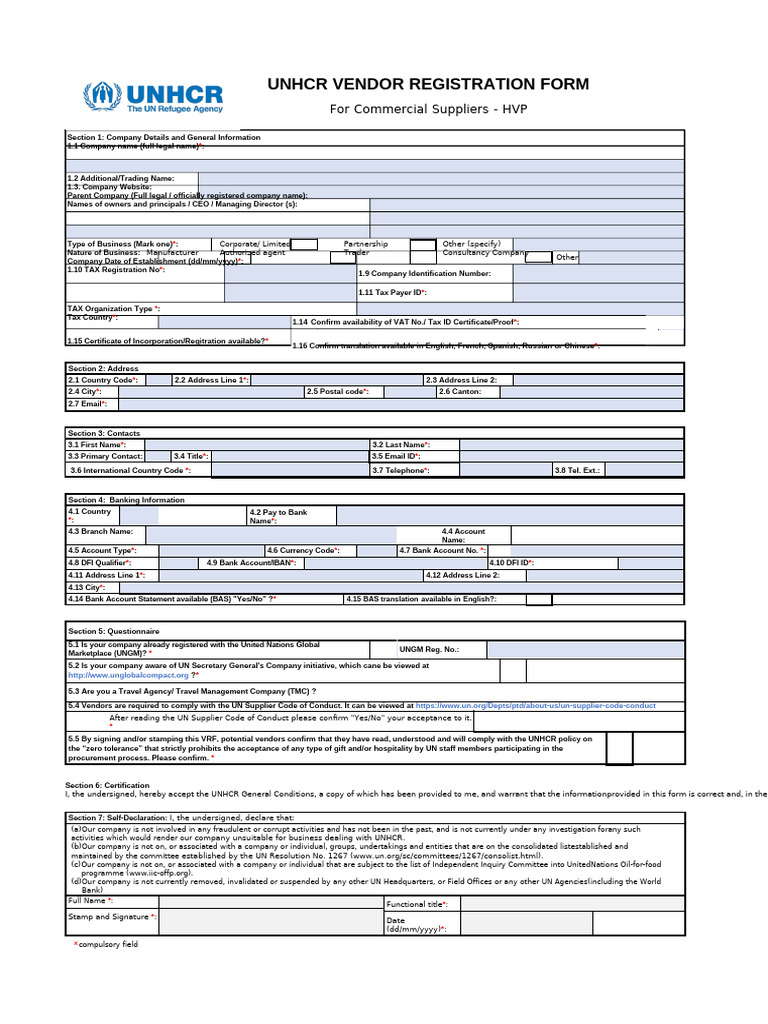 UNHCR Vendor Registration Form Guide | PDF | United Nations ...