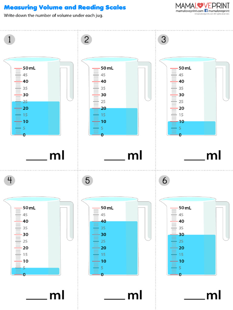 MeasureVolumeandReadingScalesbyUsingJugWorksheets 1 | PDF