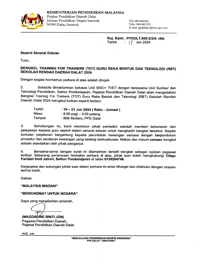Bengkel TOT Guru RBT SR Daerah Dalat 2024 (Peserta) | PDF