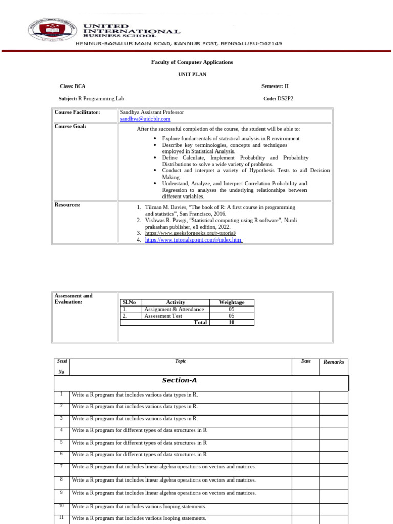 R Programming Lab Unit Plan 2025 | PDF | Statistics | Matrix (Mathematics)