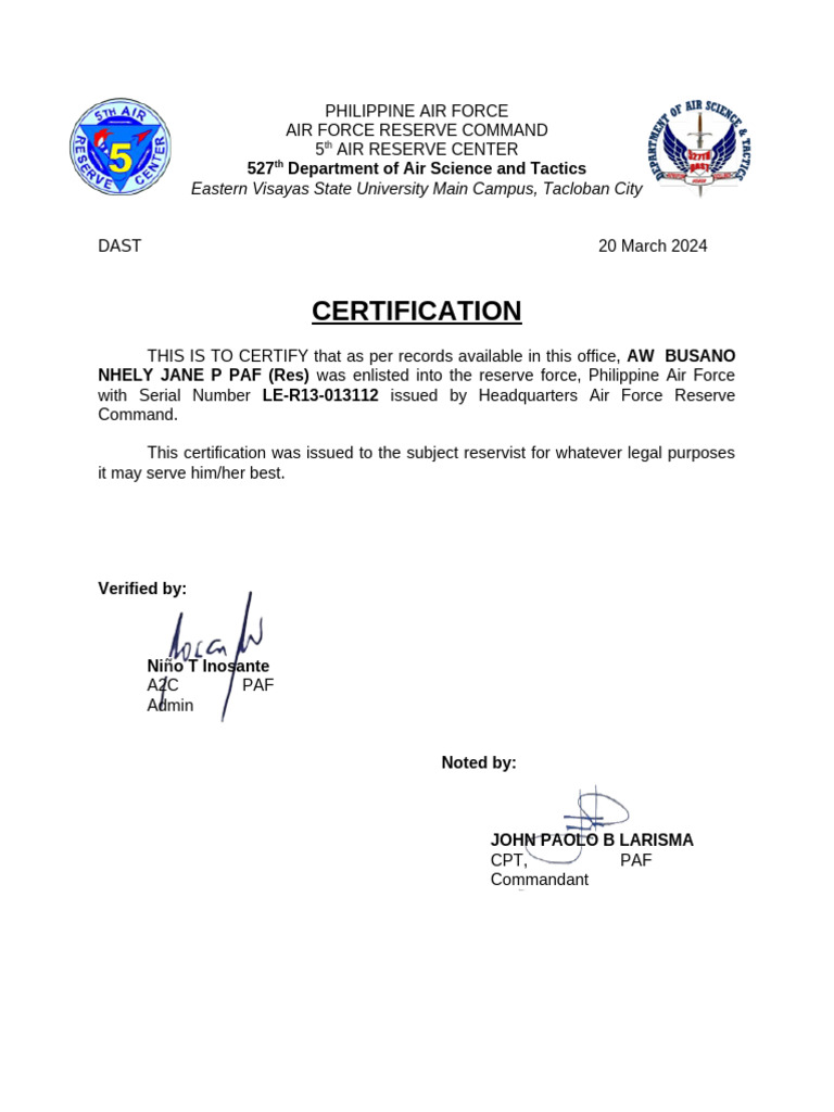 Philippine Air Force Reserve Certifications | PDF