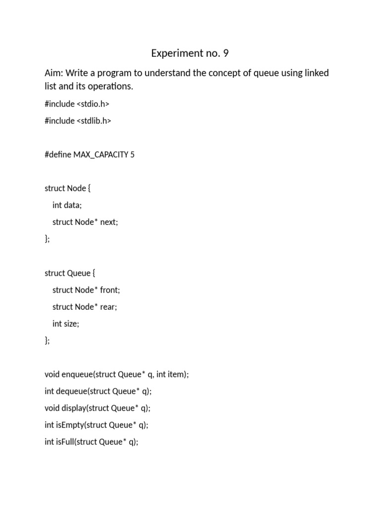 Queue Implementation with Linked List | PDF | Queue (Abstract Data Type ...
