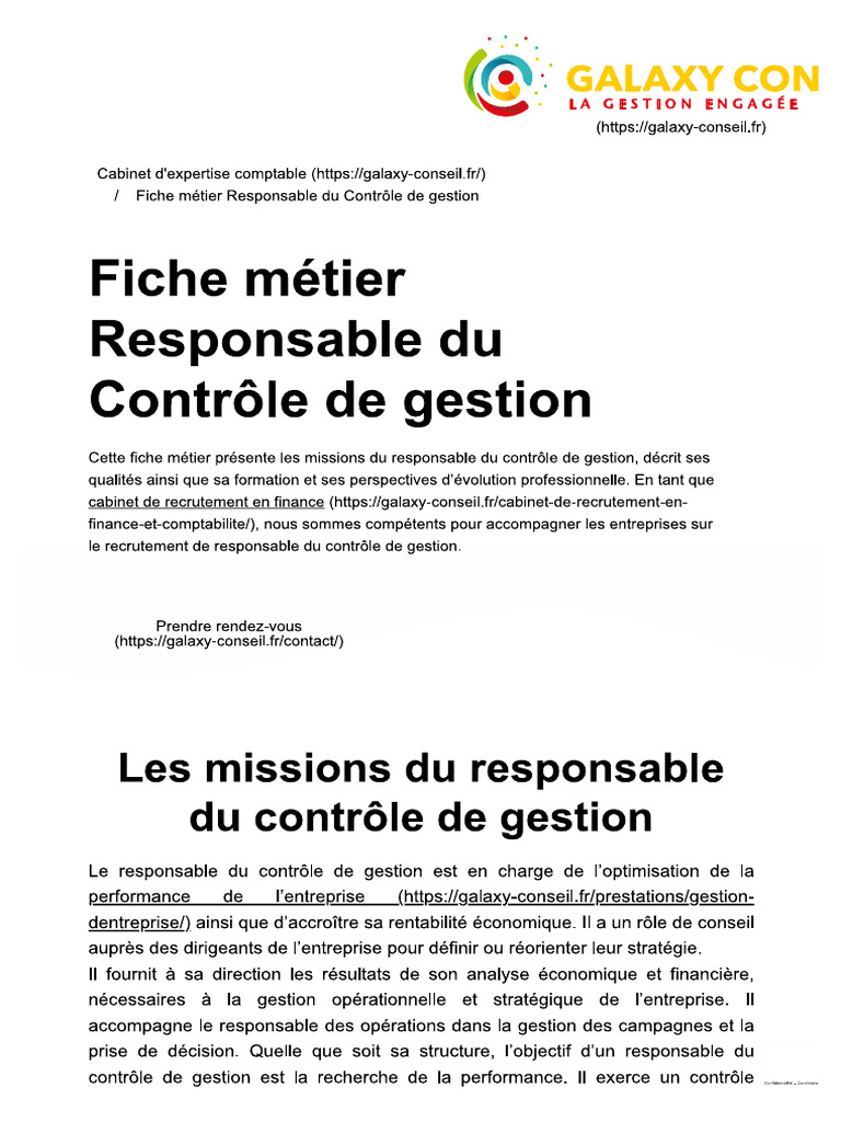 Responsable Du Contrôle de Gestion - Fiche Métier | PDF