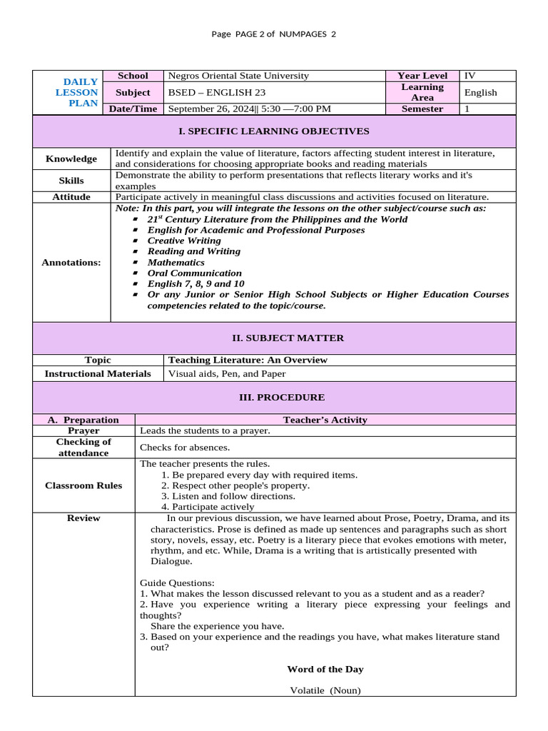 FINAL LESSON PLAN Teaching Literature An Overview | PDF | Poetry ...