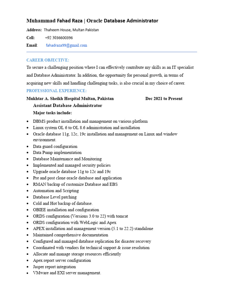 Muhammad Fahad Raza - Oracle Database Administrator | PDF | Databases ...