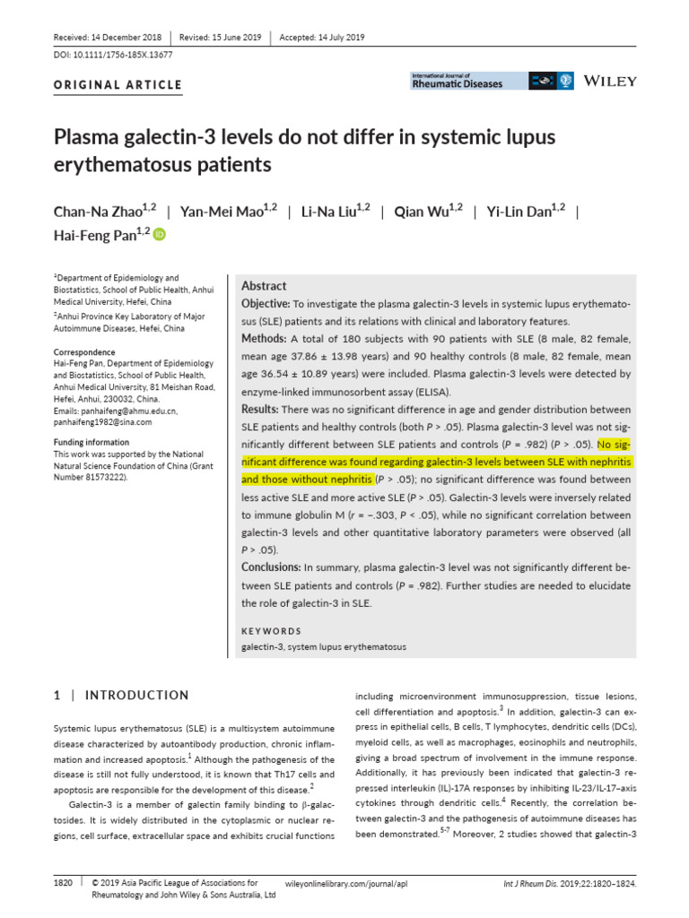 Int J of Rheum Dis - 2019 - Zhao - Plasma Galectin 3 Levels Do Not ...