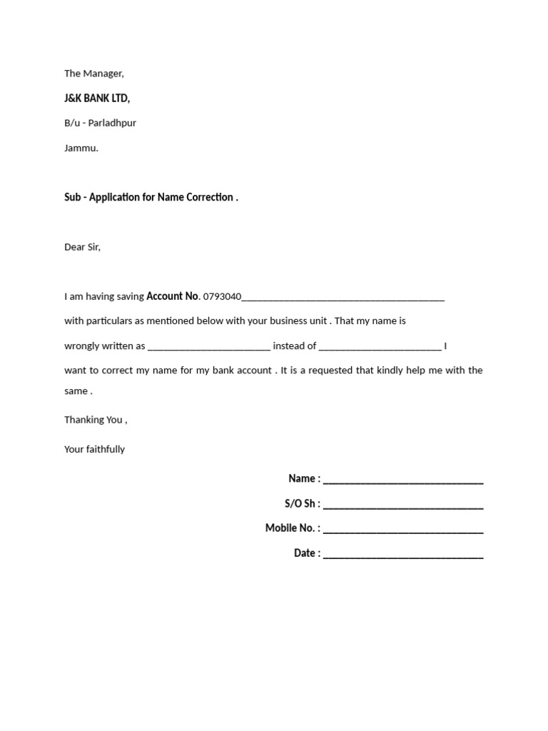 Name Correction Application to Bank | PDF