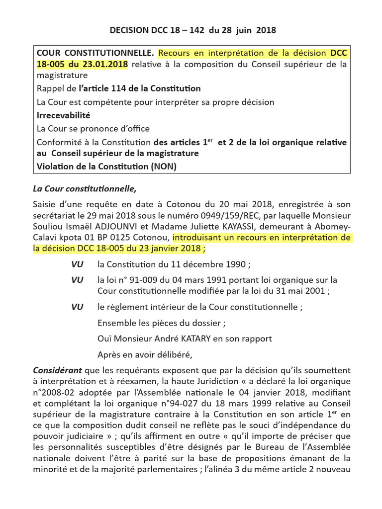 Interprétation DCC 18-142 sur le CSM | PDF | Constitution | Gouvernance