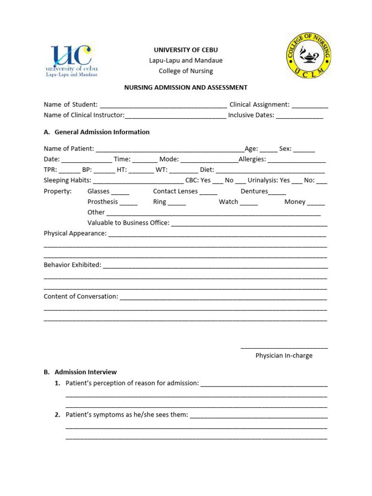 Nursing Admission Assessment Form | PDF | Senses | Clinical Medicine