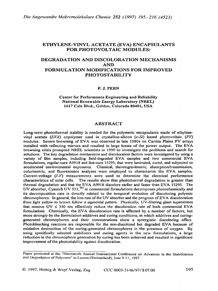 Pern1997 - EVA Encapsulants For PV Modules | PDF | Photovoltaics ...