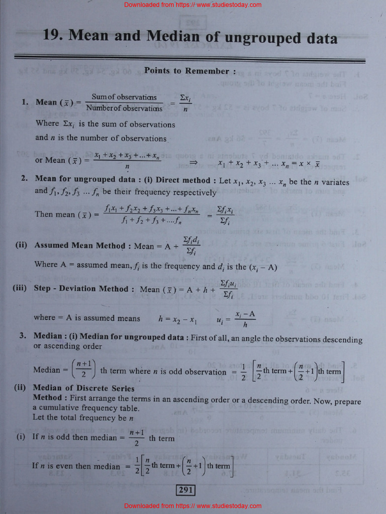 ICSE Class 9 Maths Arun Chapter 19 Mean and Median of Ungrouped Data | PDF