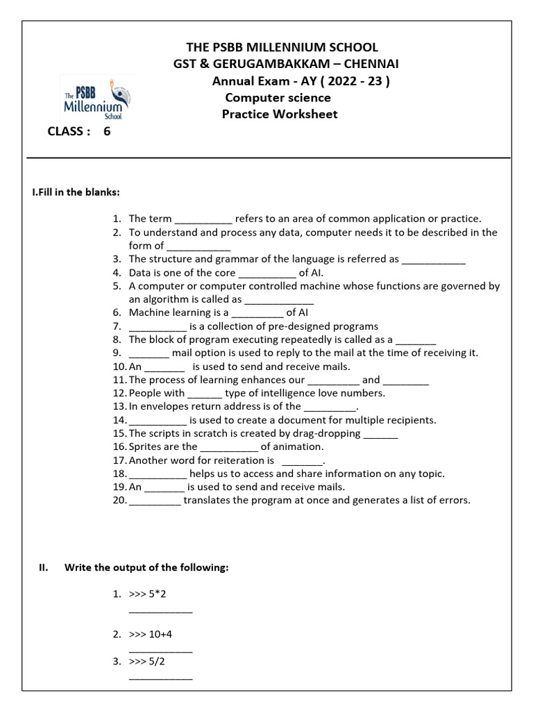 Class 6 Computer Science Exam Worksheet | PDF | Artificial Intelligence ...