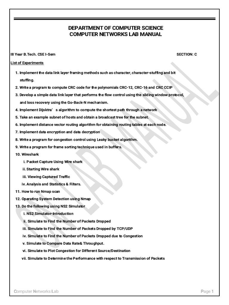 Department of Computer Science Computer Networks Lab Manual: C N L P 1 ...