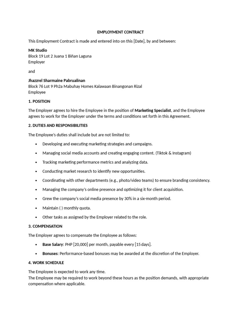 Marketing Specialist Employment Contract | PDF | Employment | Private Law