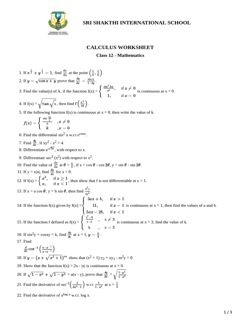 Class 12 Calculus Worksheet Solutions | PDF | Mathematics ...