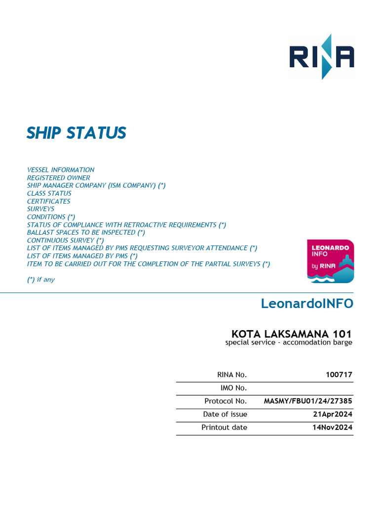 Kota Laksamana 101 Ship Status Report | PDF | Ships | Shipping