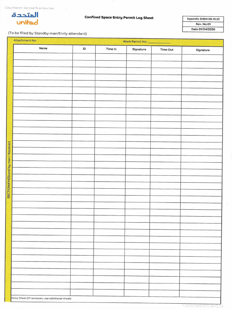 Confined Space Entry Permit Log Sheet | PDF
