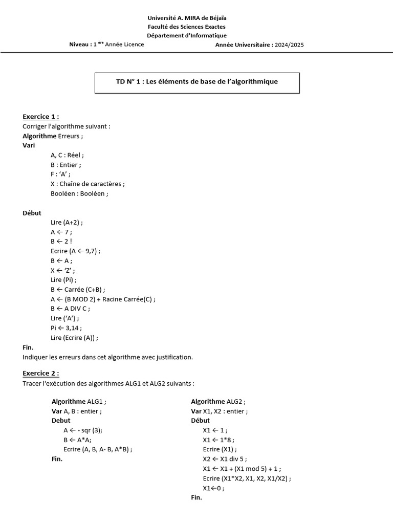 Correction et exercices d'algorithmique | PDF | Programmation ...