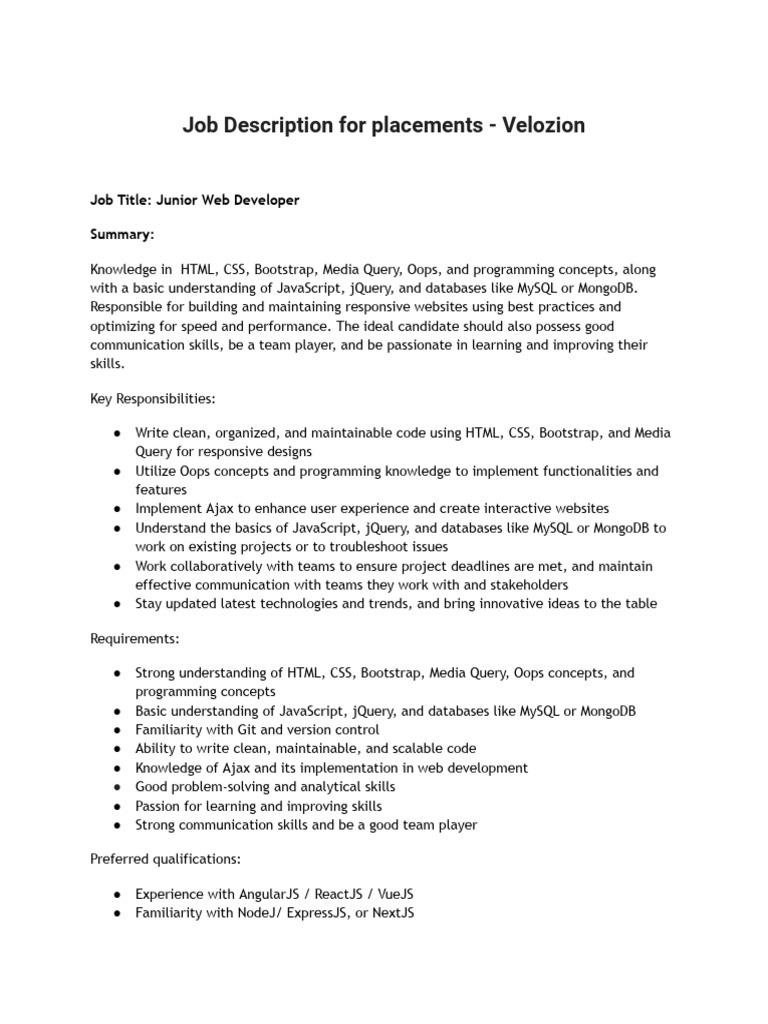 Junior Developer Job Descriptions | PDF | Computer Programming | Software